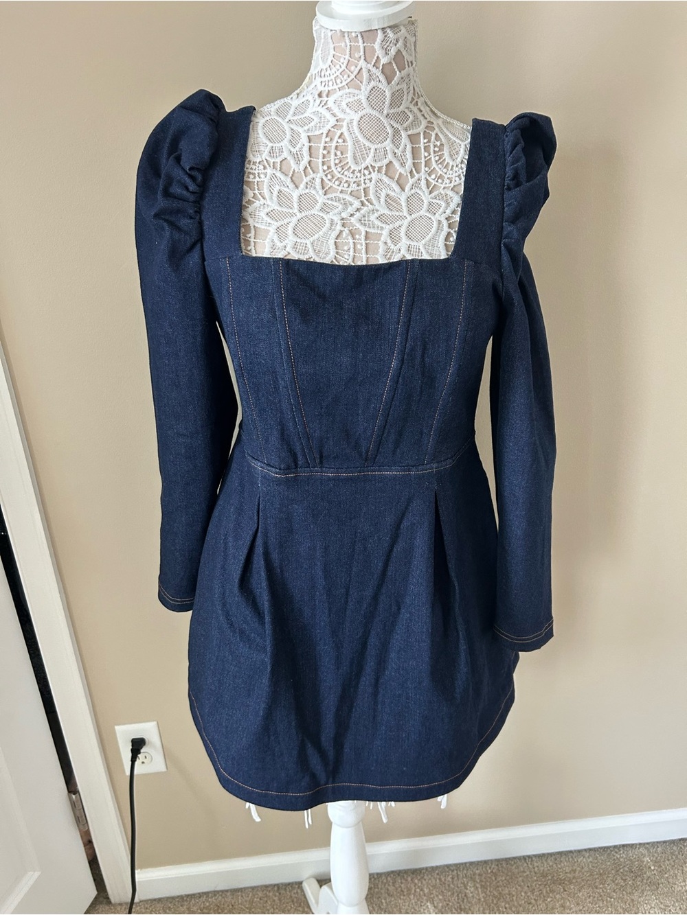 Avec Les Filles Navy Denim Mini Dress with Puff Shoulders